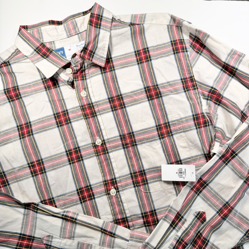 Old Navy Men's Everyday Shirt M White Red Plaid Classic Preppy NEW